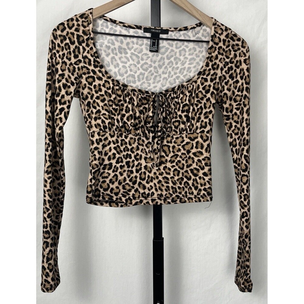 Forever 21 Crop Top Long Sleeve Leopard Print Keyhole Medium Made USA Festival